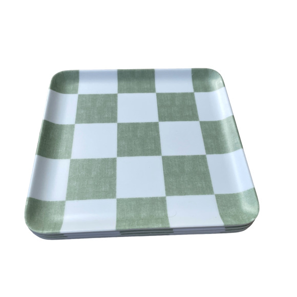 Checkered Melamine Appetizer Plates 6in Set of 4 Green White by C&C California - Picture 4 of 7